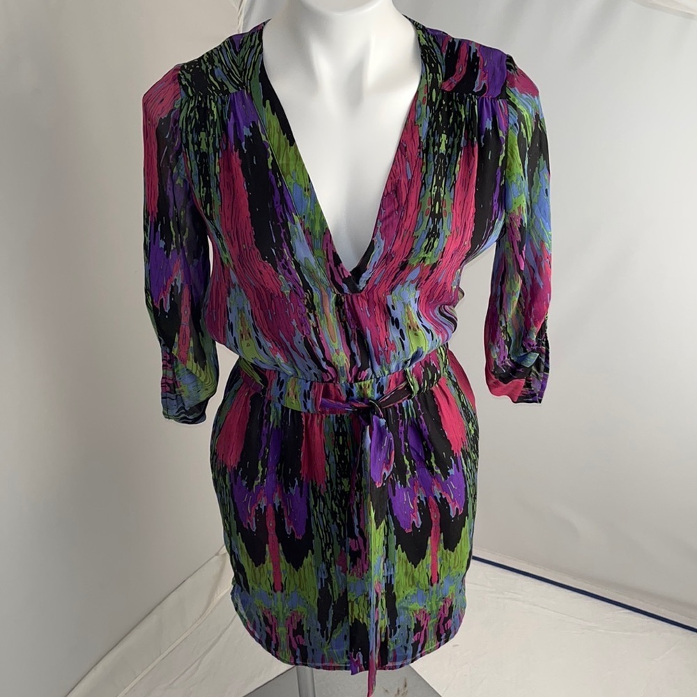 Charlie Jade abstract multicolor three quarter sleeve silk dress XS